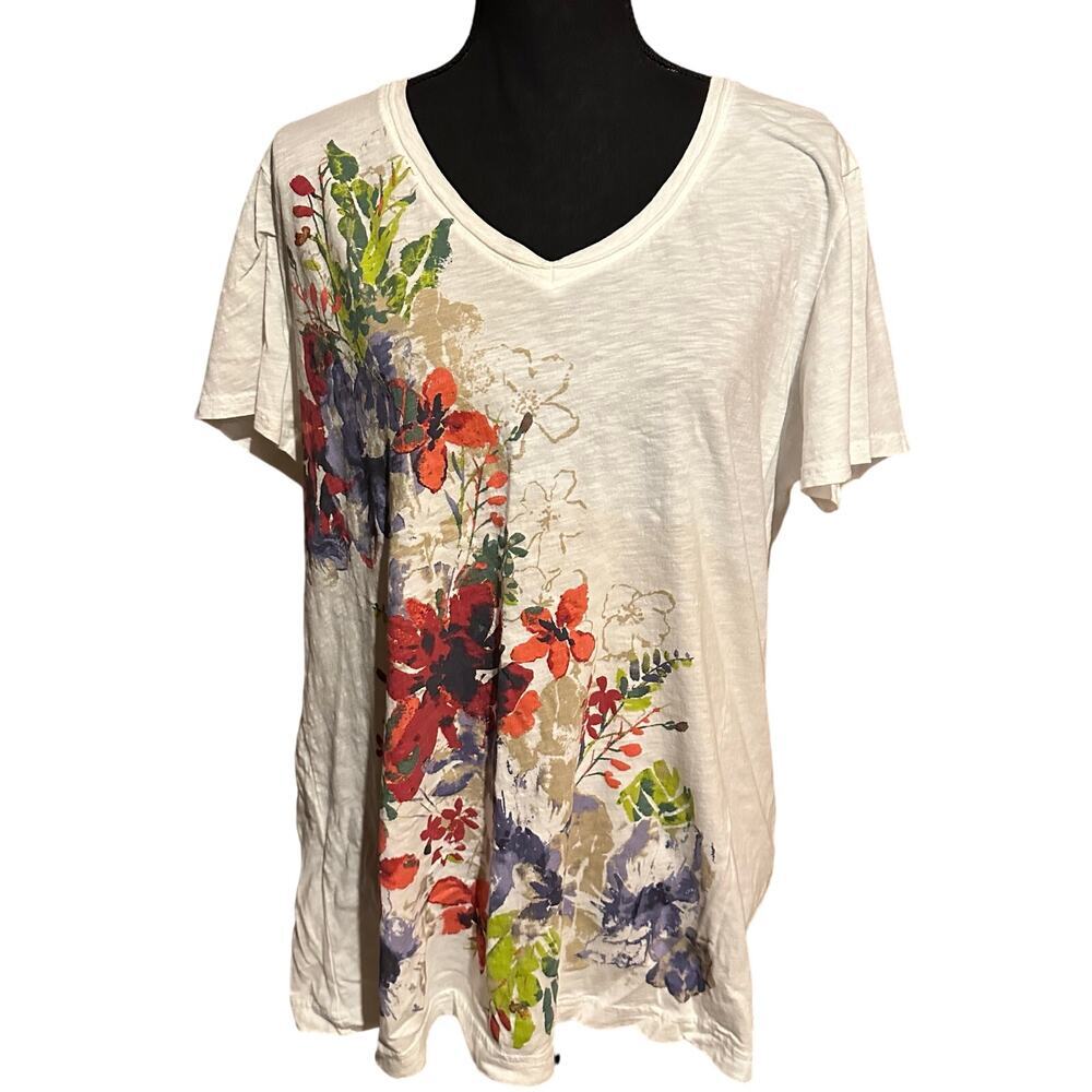 Eddie Bauer White with Floral Accent T-Shirt Top Women's Plus XXL